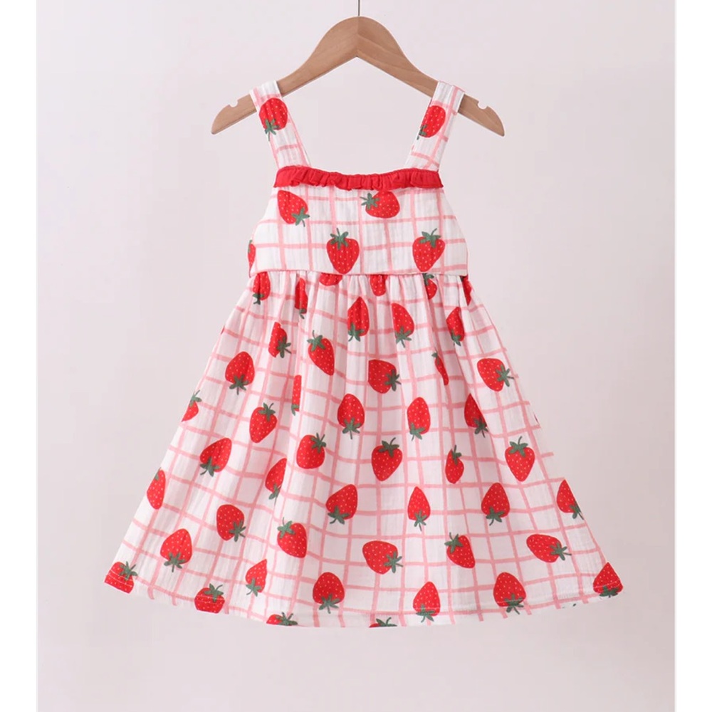 Muslim Cotton Plaid Strawberry Sundress Pink Red Summer Dress Girl 2 3 4 7 8 NWT